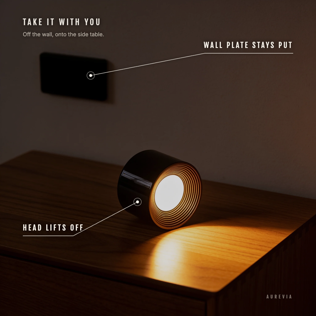 The Arc light head resting on a sideboard with its empty magnetic wall plate still on the wall behind