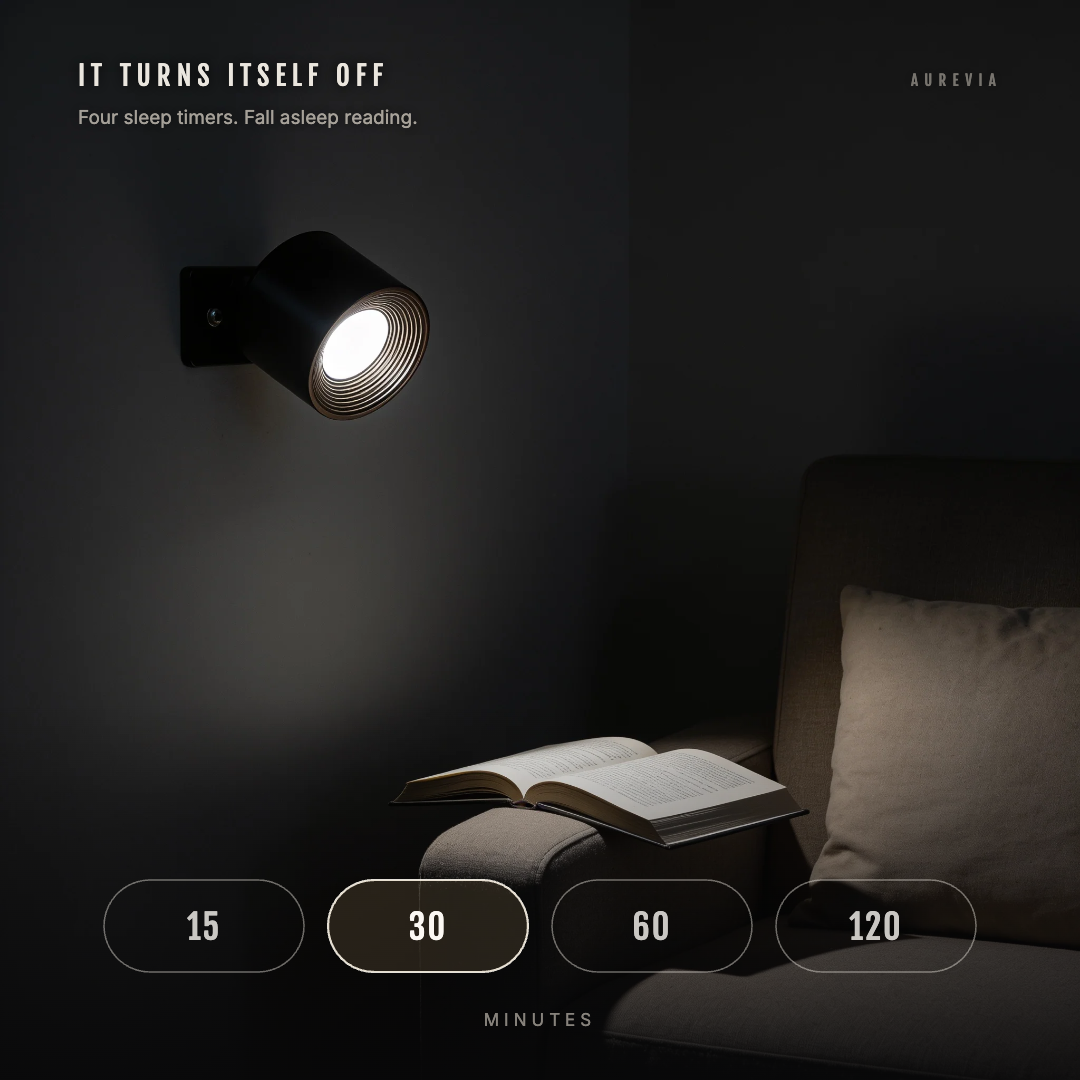 The Arc wall light above a reading chair with the four sleep timer options of 15, 30, 60 and 120 minutes