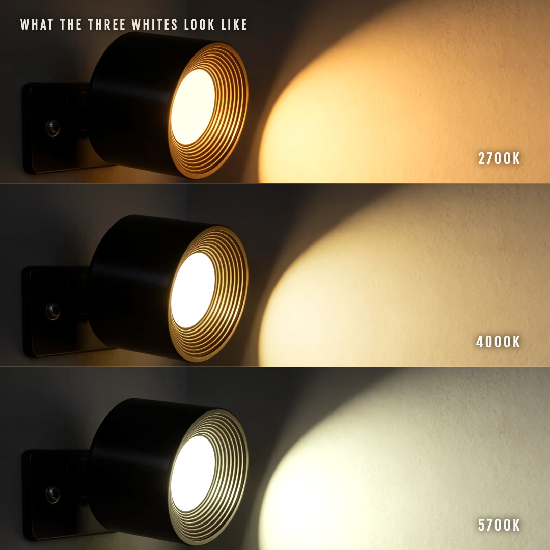 The Arc wall light shown in three stacked bands at 2700K, 4000K and 5700K colour temperatures