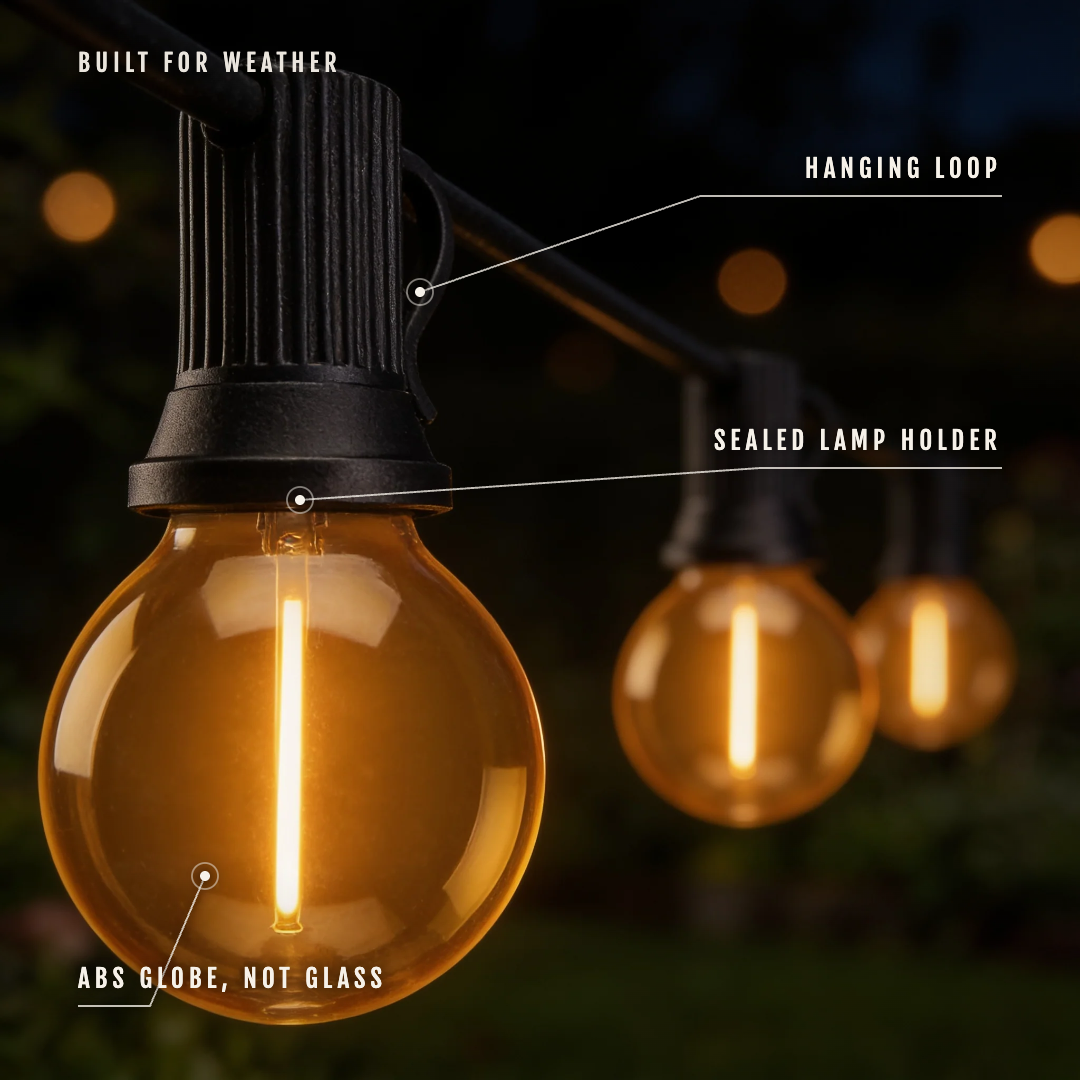 Close-up of a festoon bulb with its hanging loop, sealed lamp holder and shatterproof ABS globe labelled