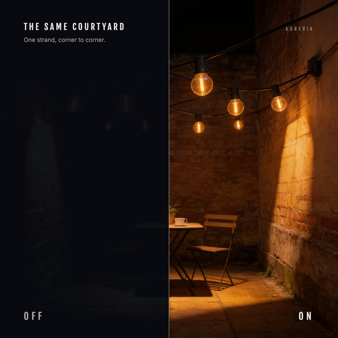 A brick courtyard shown split down the middle, dark on the left and lit by a strand of festoon lights on the right