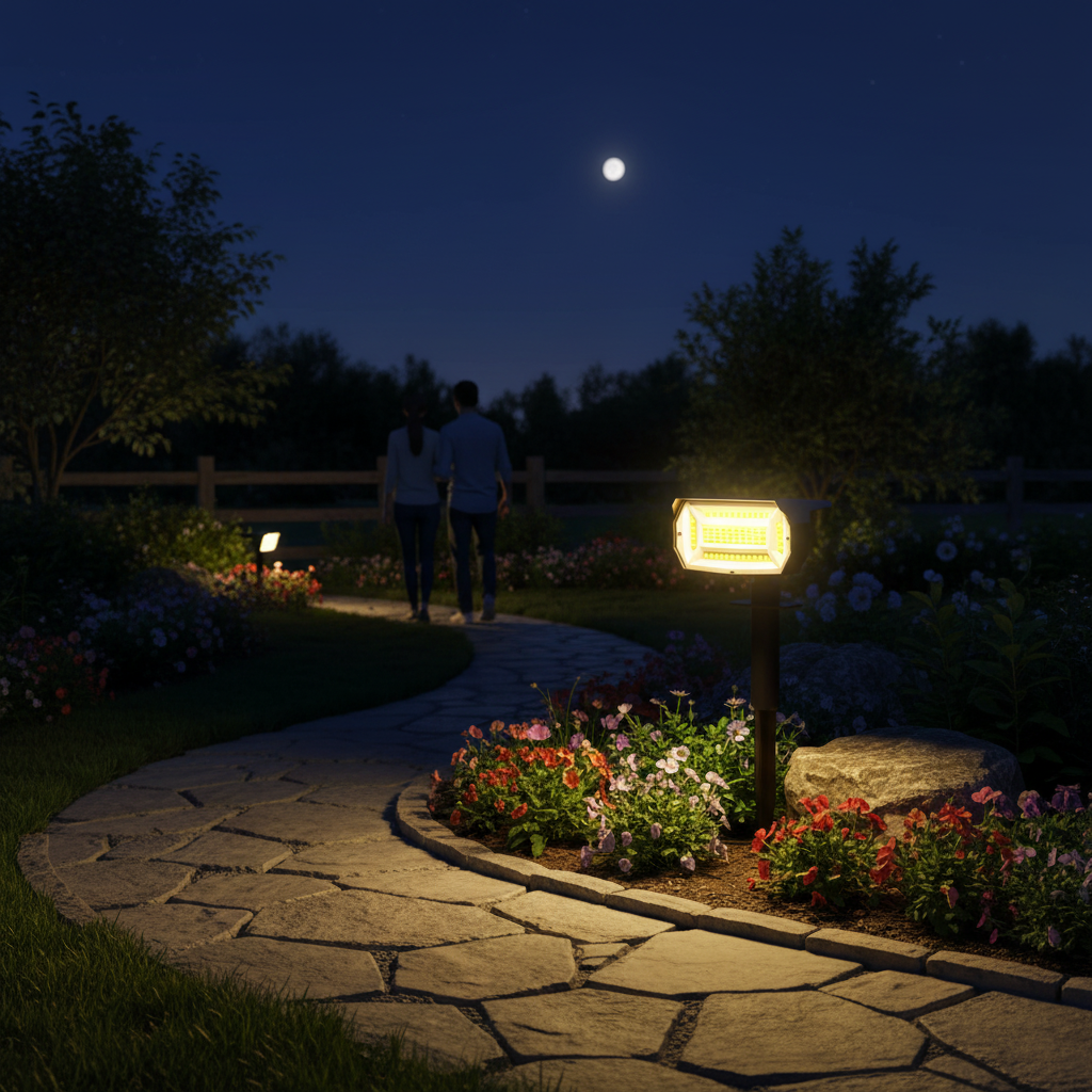 Solar spotlight lighting a path under a full moon as a couple walk away