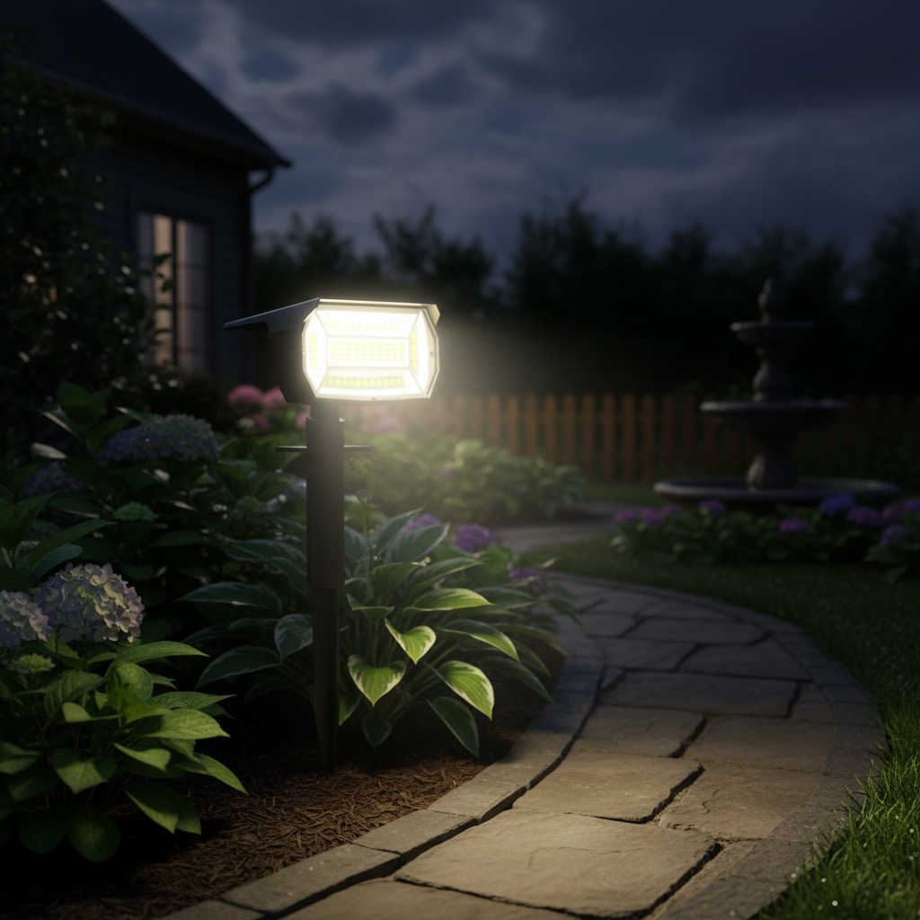 Solar spotlight lighting hydrangeas beside a house on an overcast night