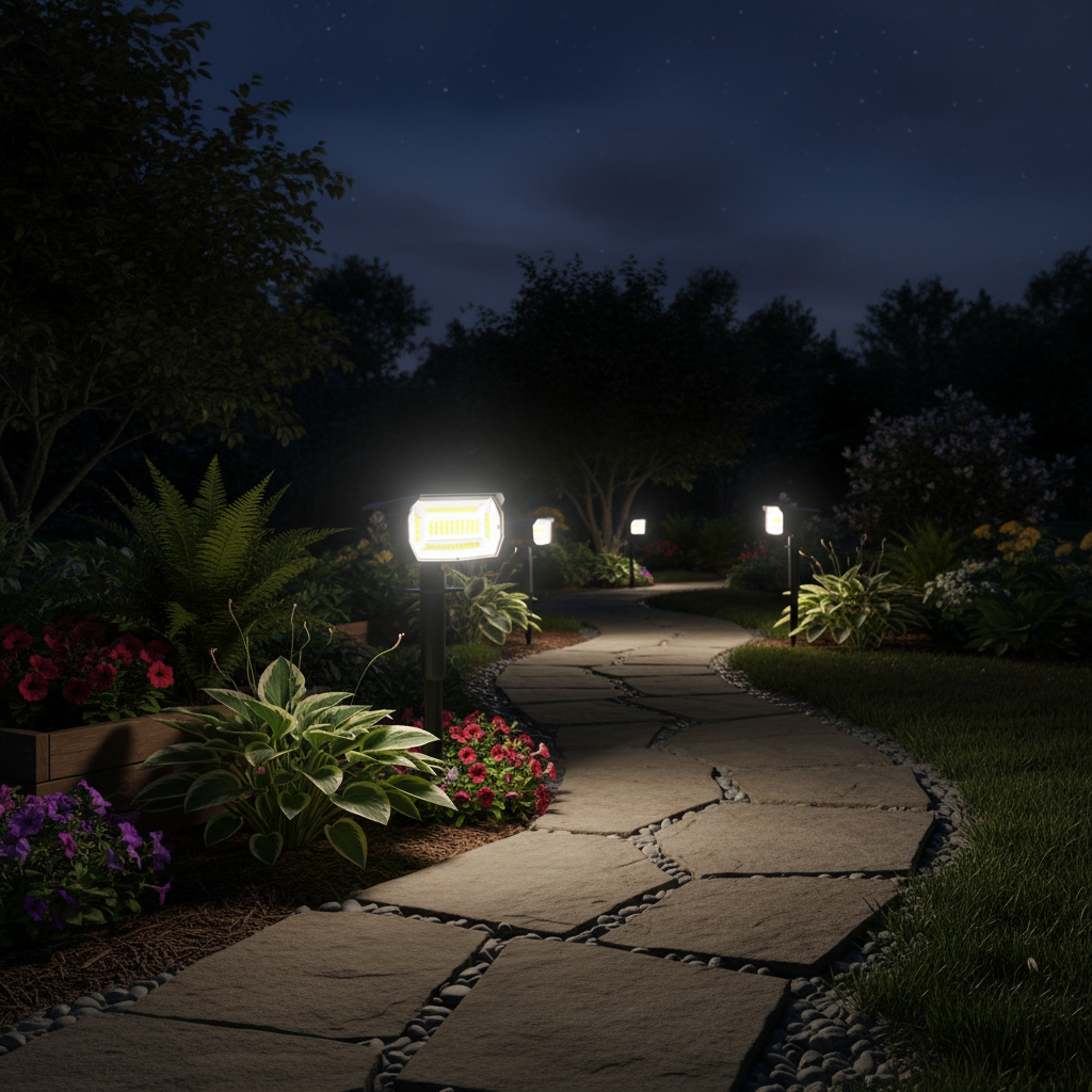 Several solar spotlights lighting a garden path at night