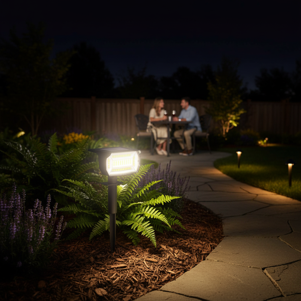 Solar spotlight lighting a fern border while a couple dine on the patio behind
