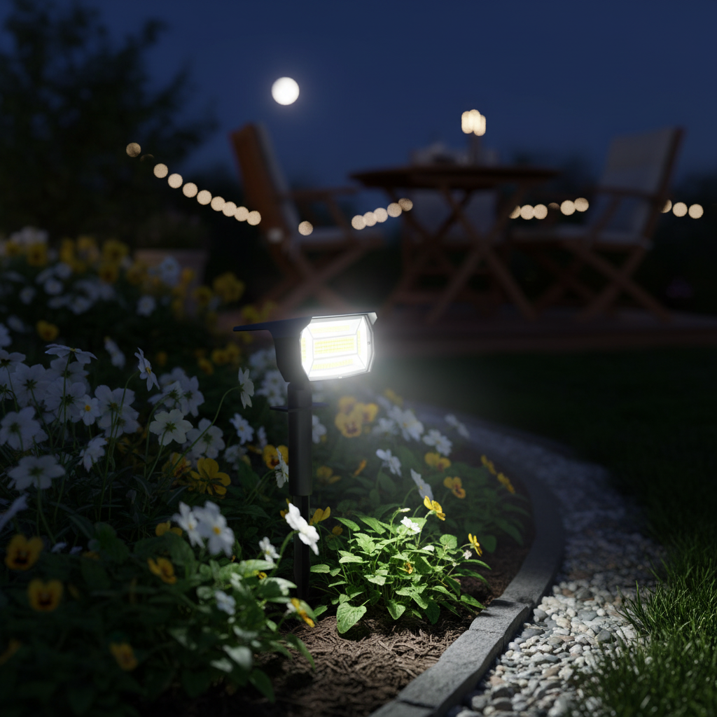Solar spotlight in a flower bed with a lit patio table beyond