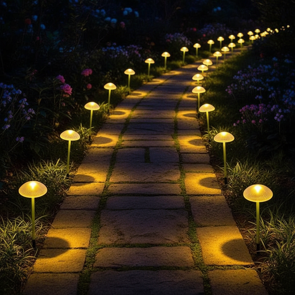 Row of Glade solar mushroom lights lining a garden path at night