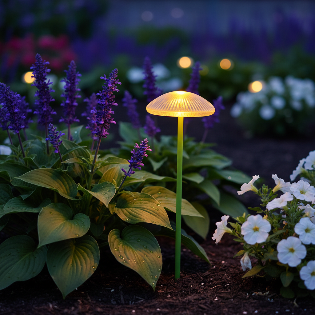 Glade solar mushroom light staked in flower bed at dusk
