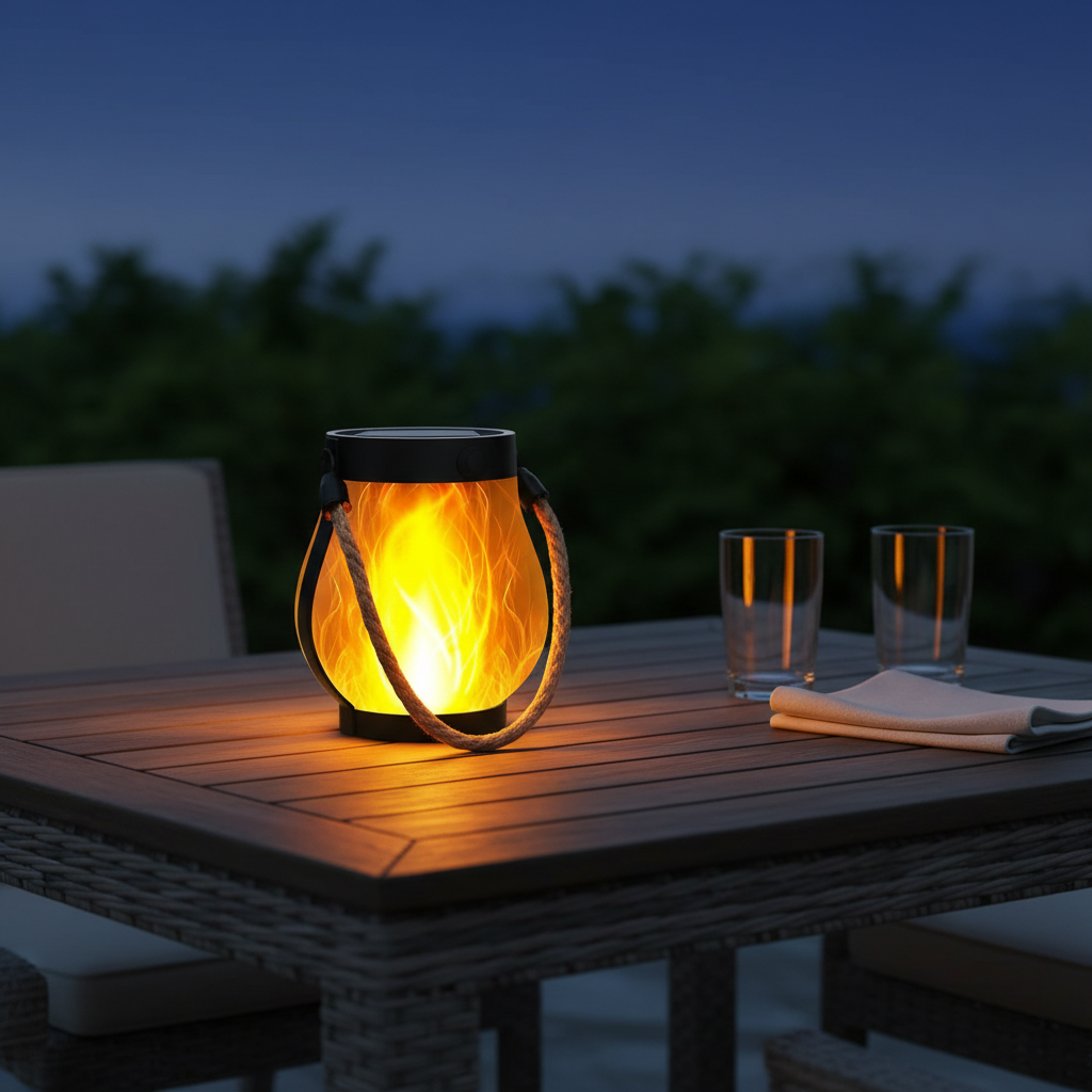 Ember solar flame lantern on patio dining table at dusk