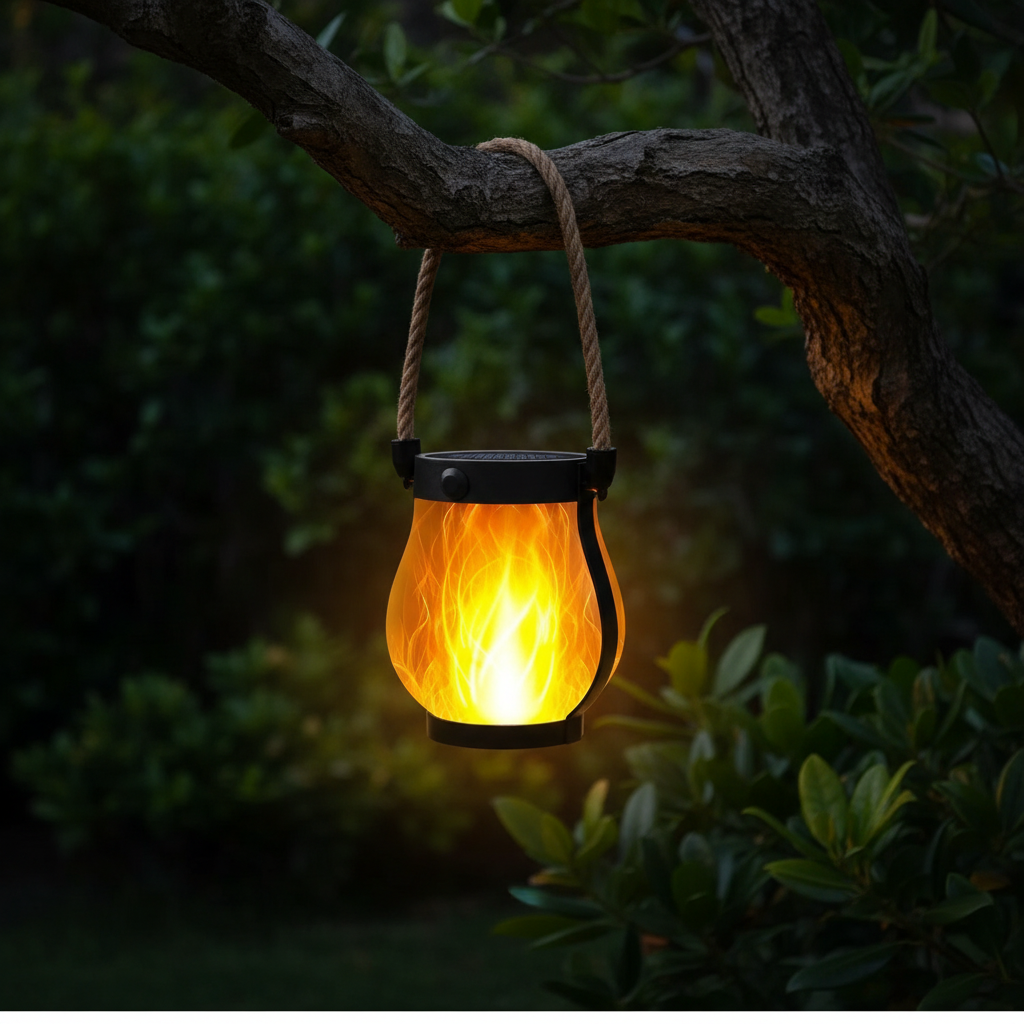 Ember solar flame lantern hanging from tree branch at night