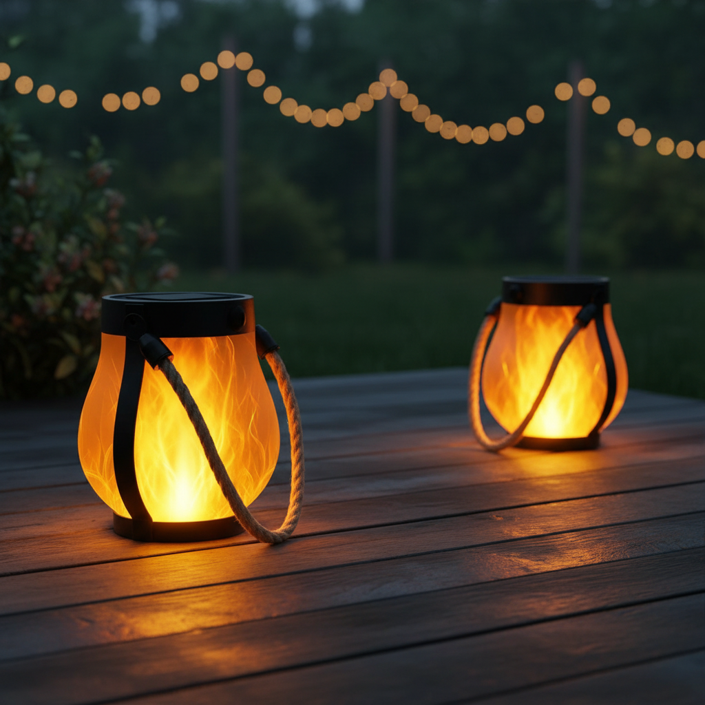Two Ember solar flame lanterns on timber decking at night