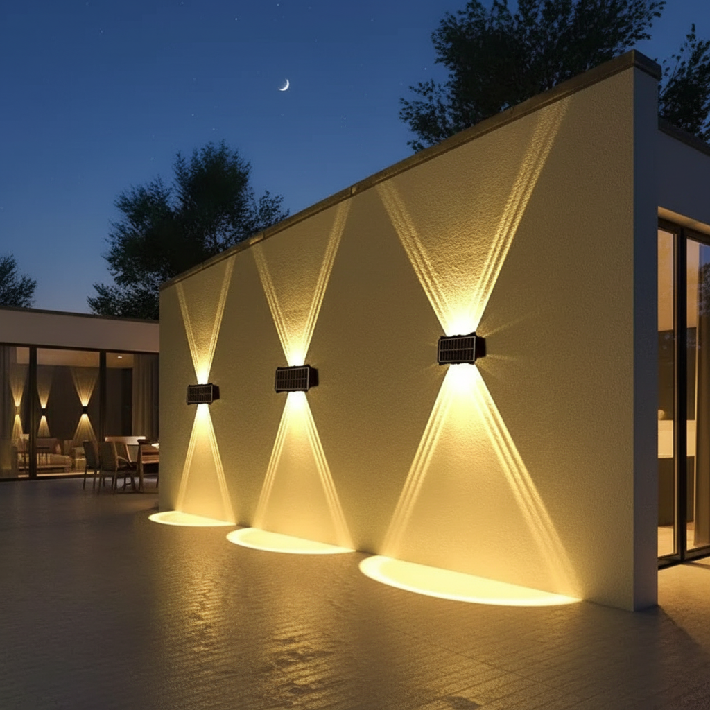 Halo solar wall light on house exterior at night with twin beams