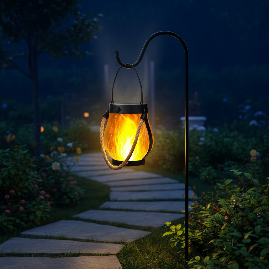 Ember solar flame lantern on shepherd's hook beside garden path