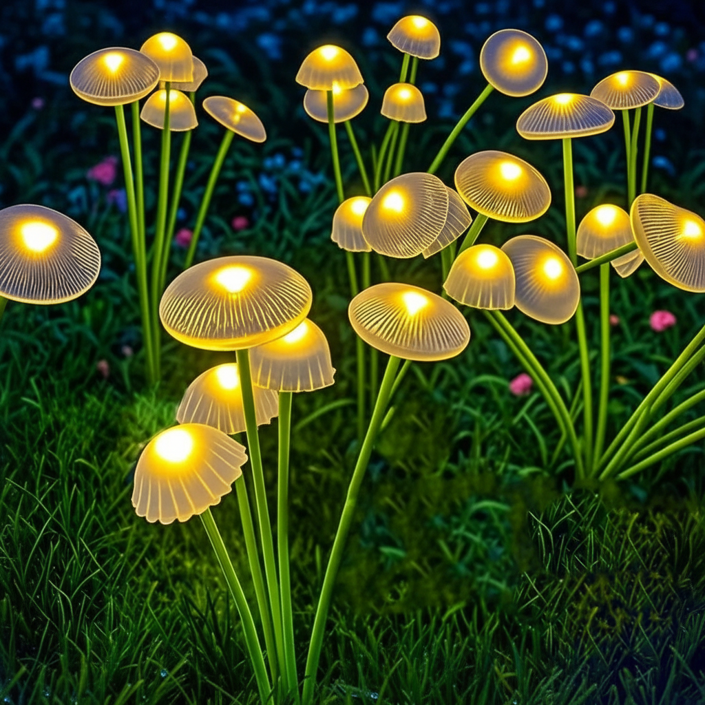 Close view of Glade solar mushroom light in dewy grass at twilight