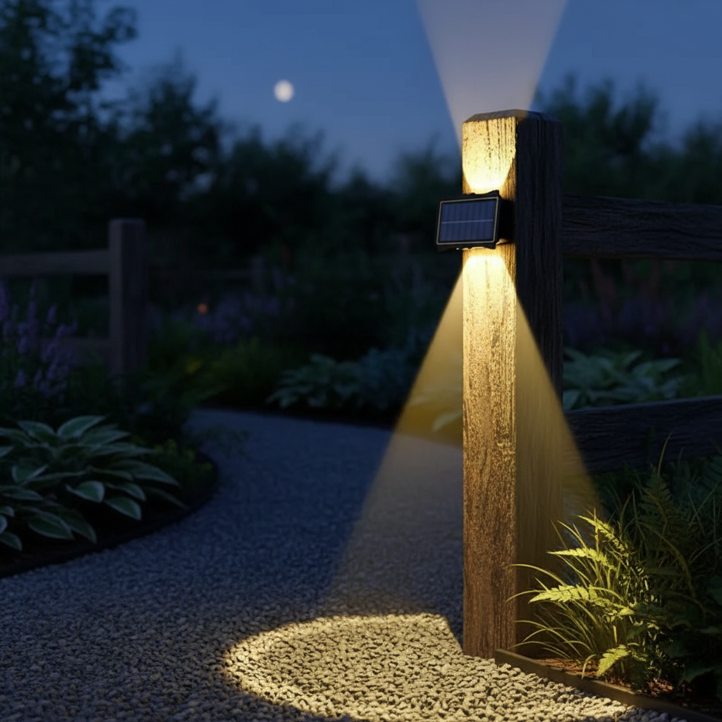 Halo solar wall light on garden fence post lighting gravel path at night