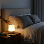 Dusk touch bedside lamp on bedside table at night