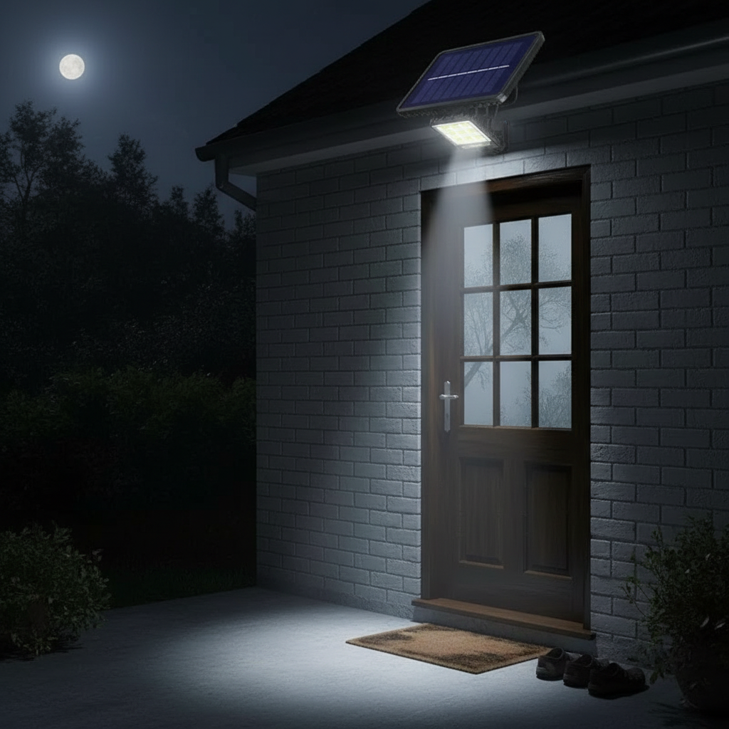 Close view of Sentry solar security light above a back door