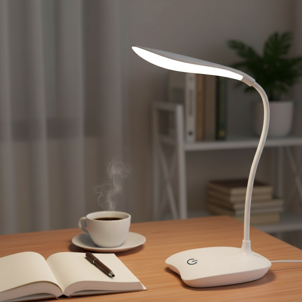Close view of Stem LED desk lamp beside a notebook and coffee