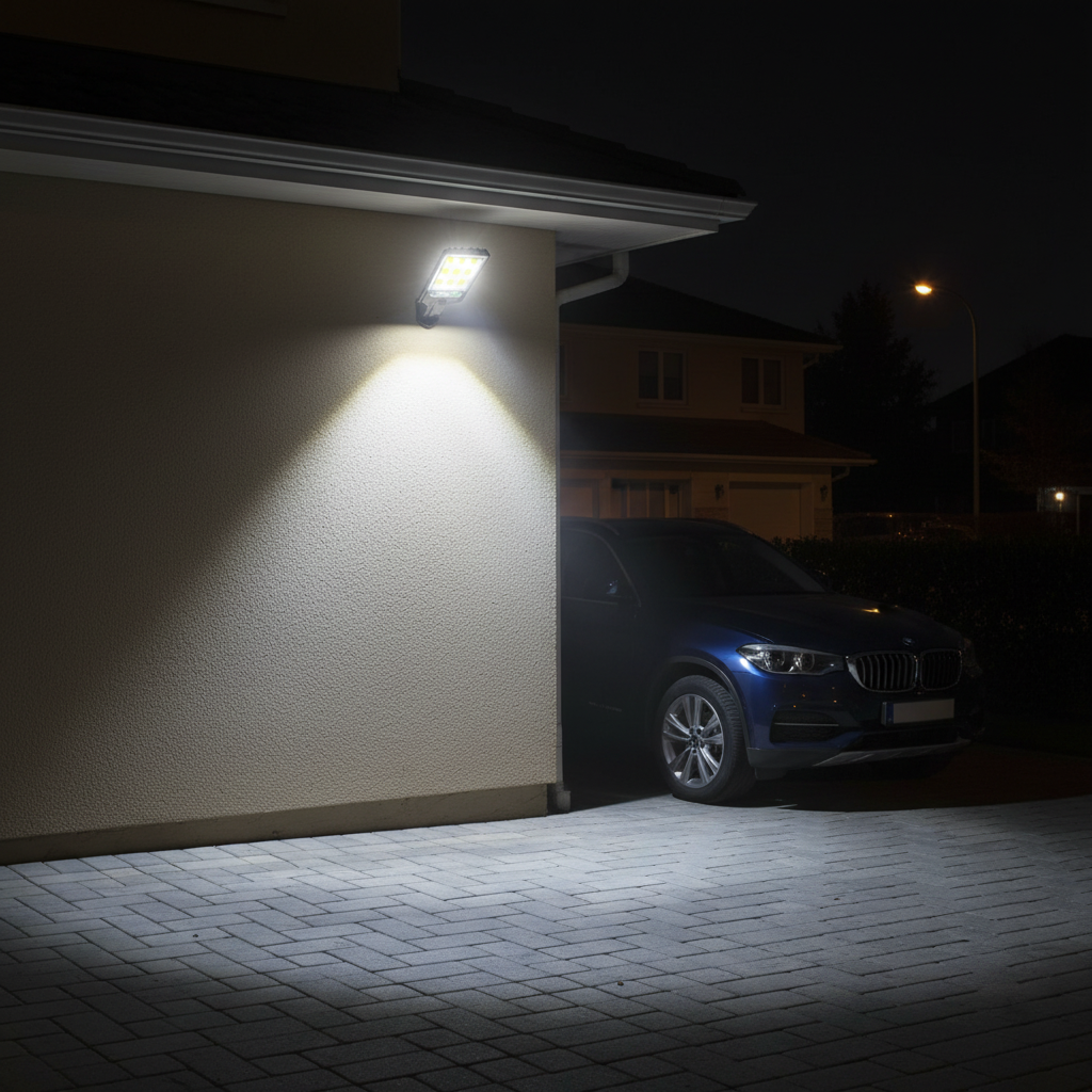 Sentry solar security light above a driveway at night