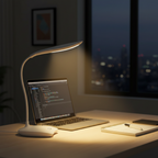 Stem LED desk lamp on a home office desk in the evening