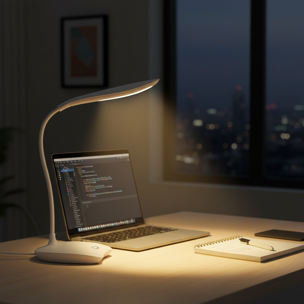 Stem LED desk lamp on a home office desk in the evening