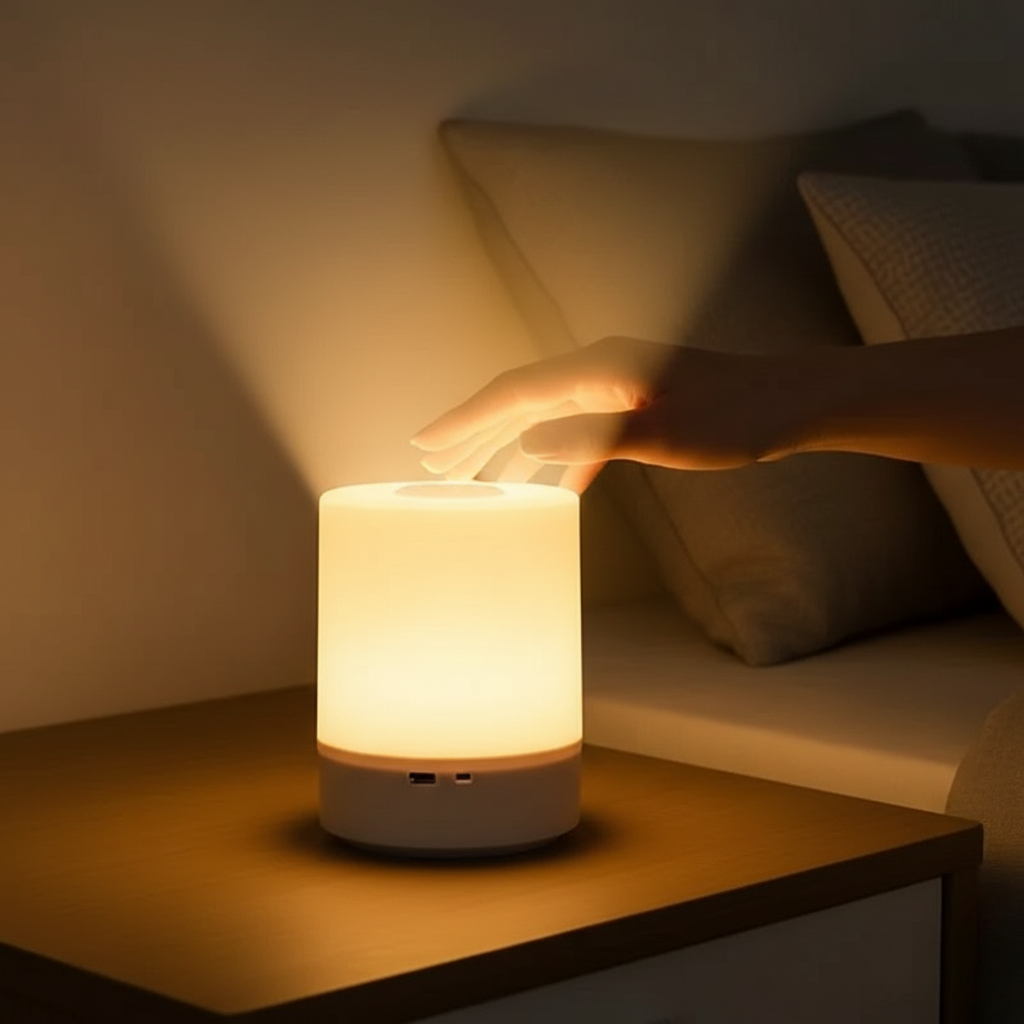 Hand touching the top of the Dusk bedside lamp to switch it on