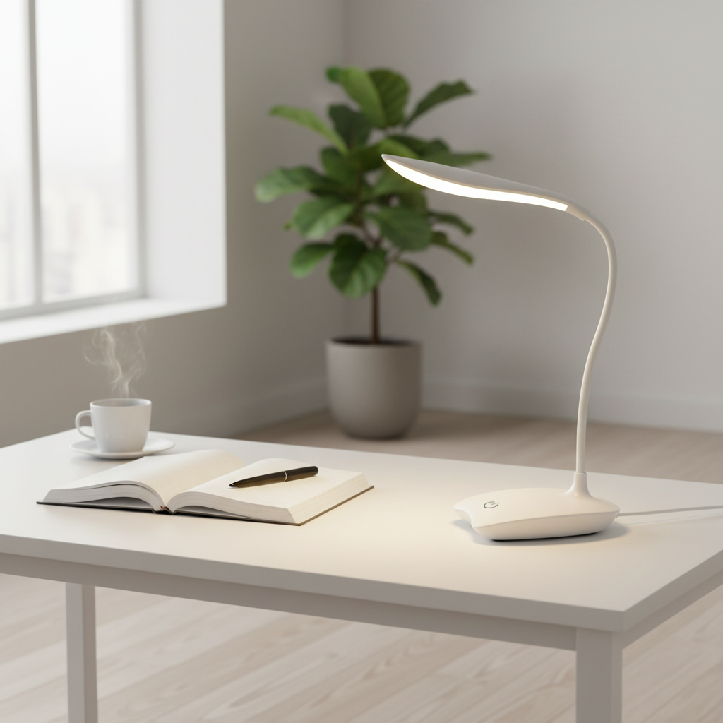 Stem LED desk lamp on a minimalist white desk in morning light