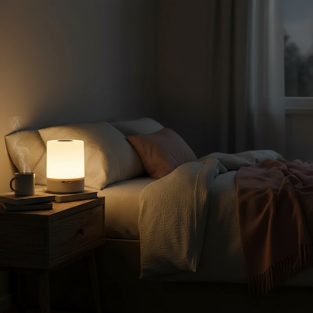 Cosy bedroom at night with Dusk touch bedside lamp glowing