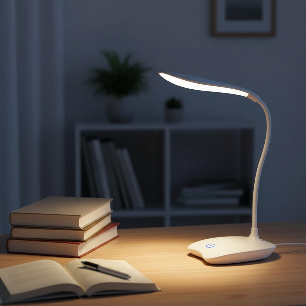 Stem LED desk lamp on a wooden study desk beside books