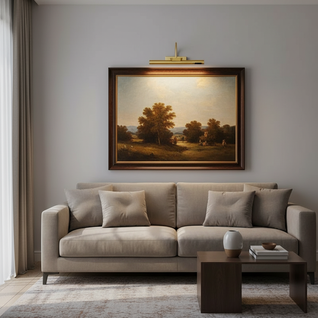 Gallery cordless picture light above framed artwork in a living room