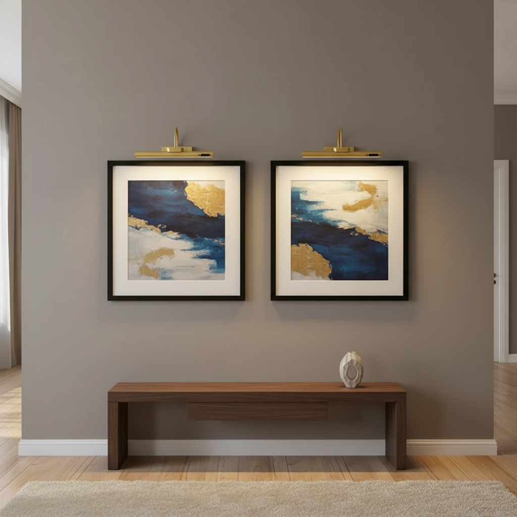 Gallery wall with two framed pictures each lit by a picture light