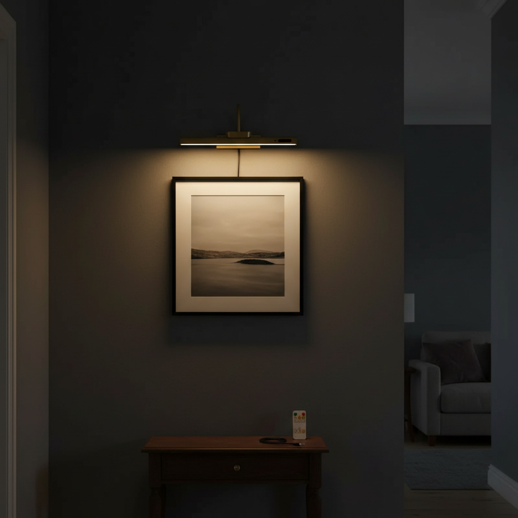Gallery cordless picture light above a framed print in a hallway