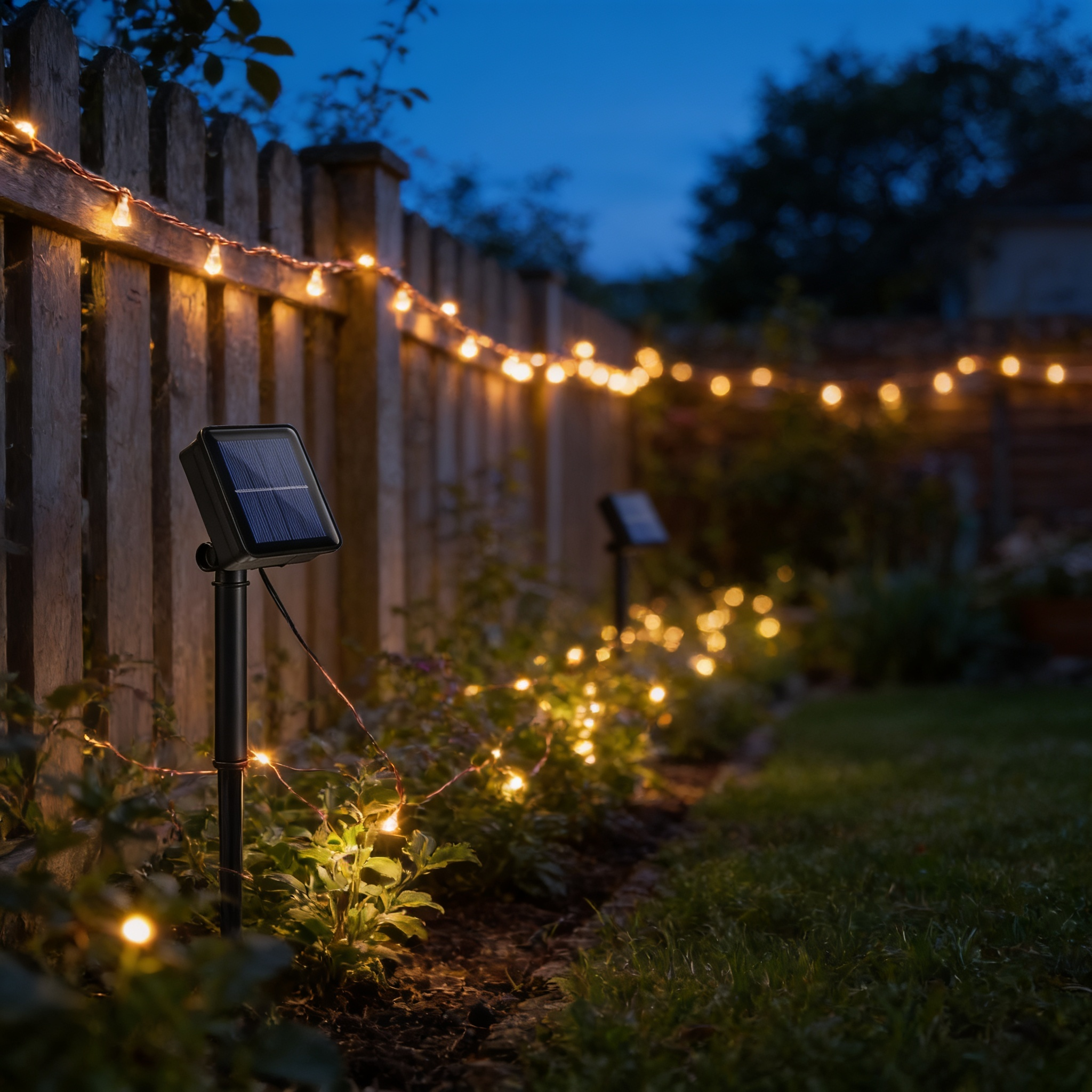 Aurevia Thread 100 LED solar fairy lights glowing along a garden fence at dusk