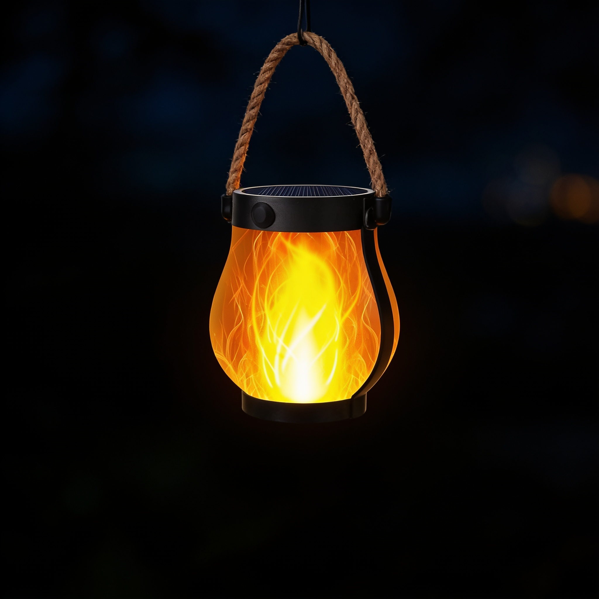 Aurevia Ember solar flame lantern glowing at night