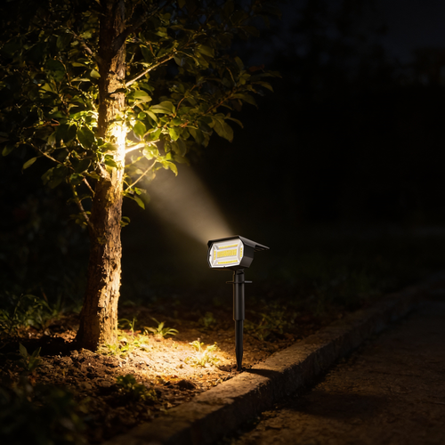 Aurevia Beacon solar spotlight uplighting a small garden tree at night