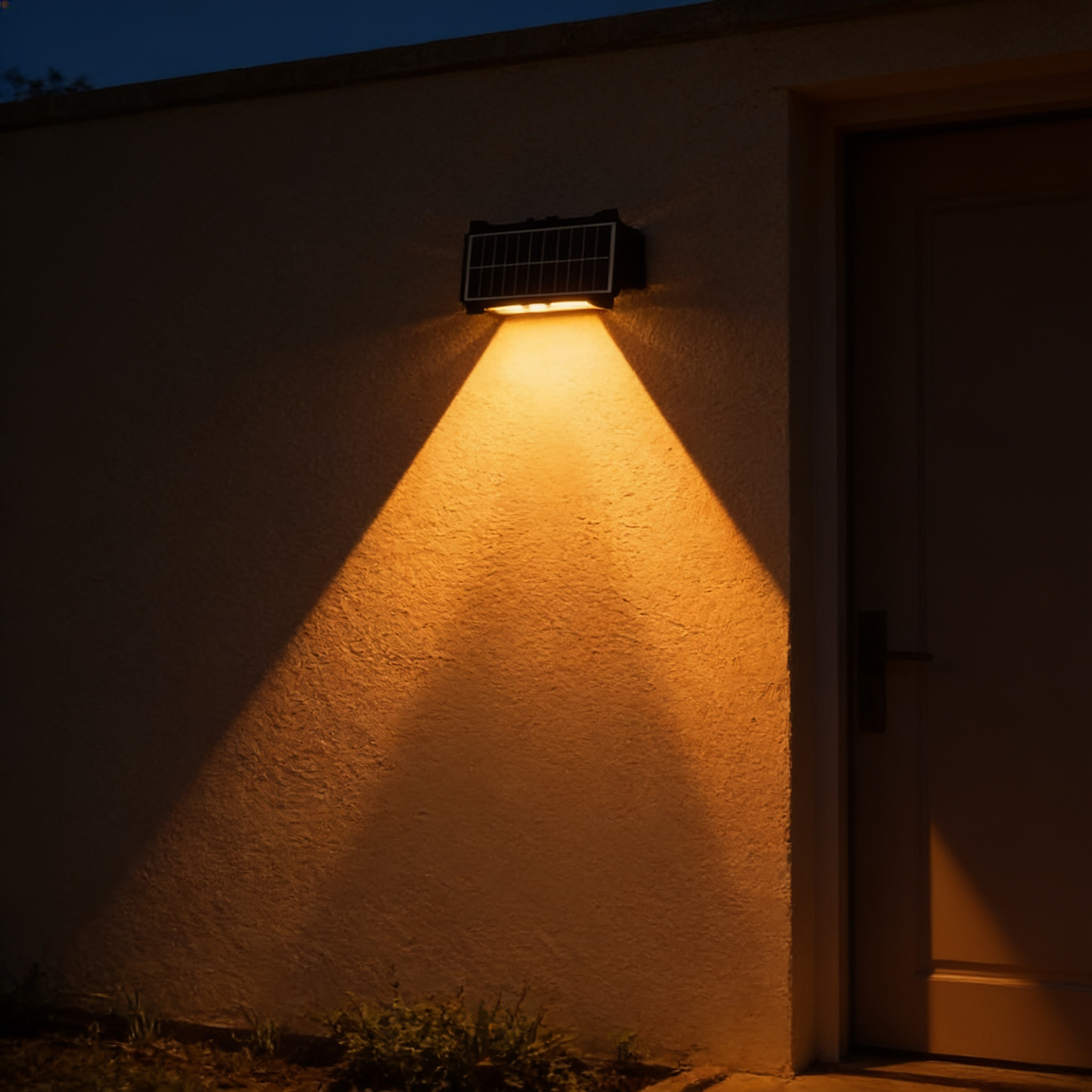 Aurevia Halo solar wall light casting twin warm beams up and down a rendered exterior wall at night