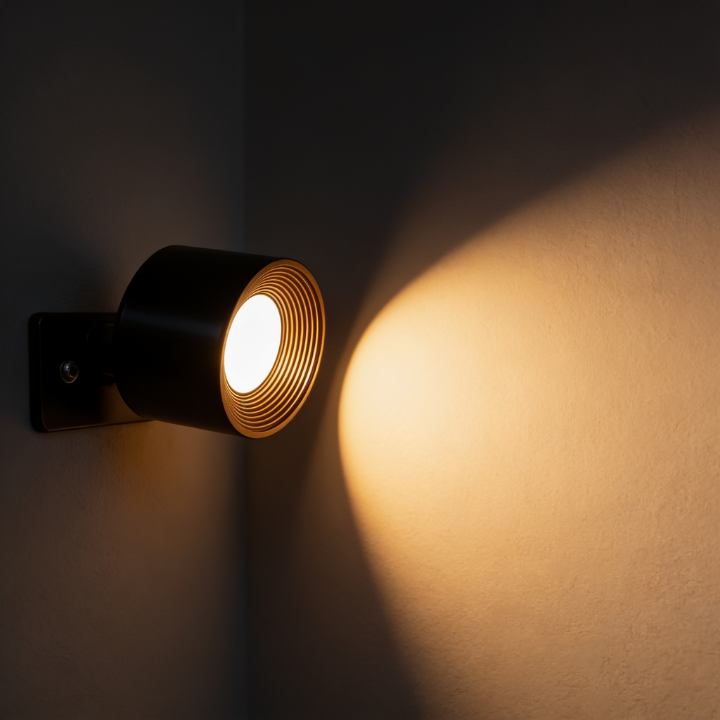 Aurevia cordless LED wall sconce, black cylindrical head on a wall plate, casting a warm elliptical pool of light across a plaster wall at night