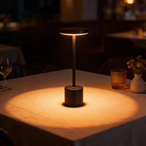 Aurevia Bistro cordless table lamp lighting a linen restaurant table at night