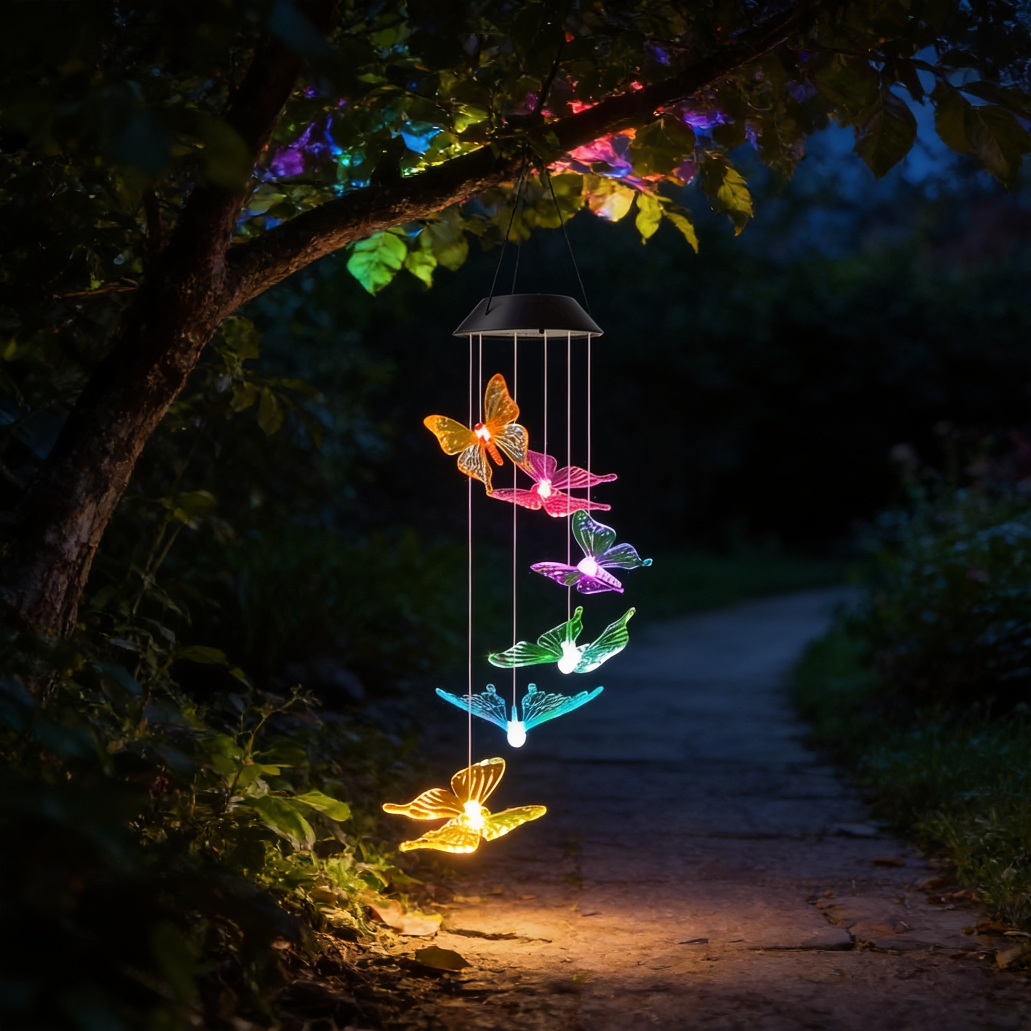 Aurevia Flutter solar butterfly wind chime glowing in colour, hanging from a tree branch and lighting a garden path at night