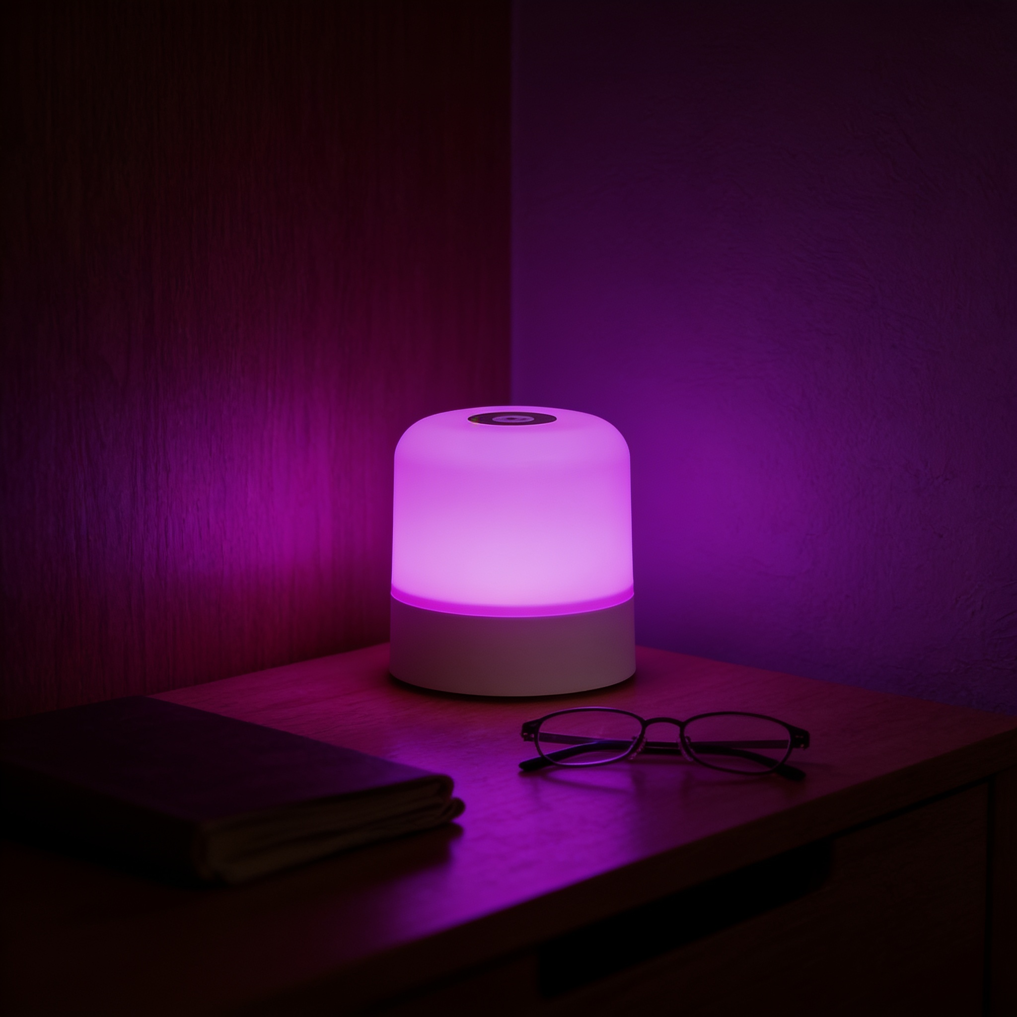 Aurevia Prism 16 colour table lamp glowing violet on a bedside table at night