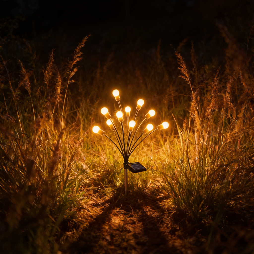 Aurevia Spark solar firefly lights glowing among ornamental grasses in a garden border at night