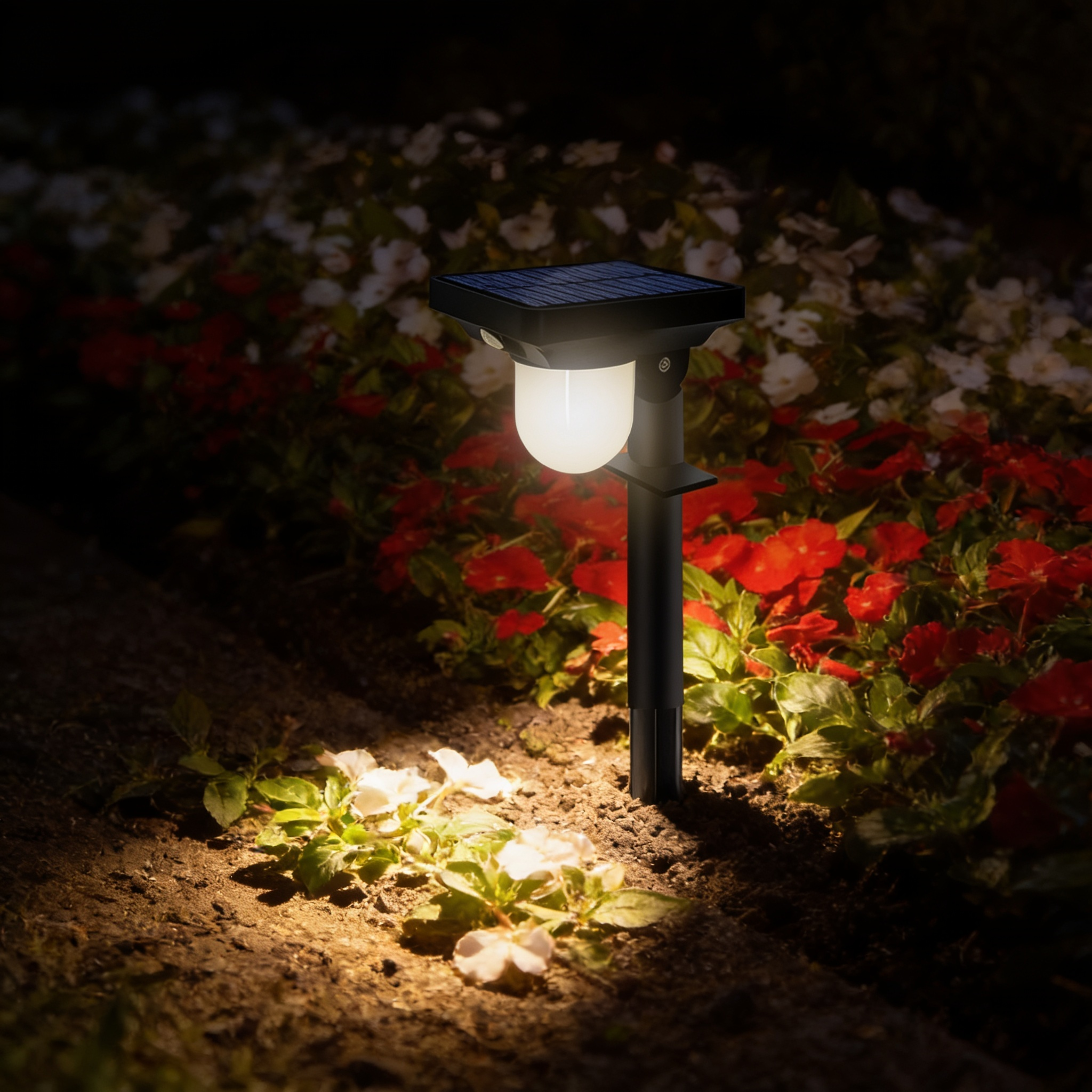 Aurevia Verge PIR solar security light on a post lighting a planted border at night