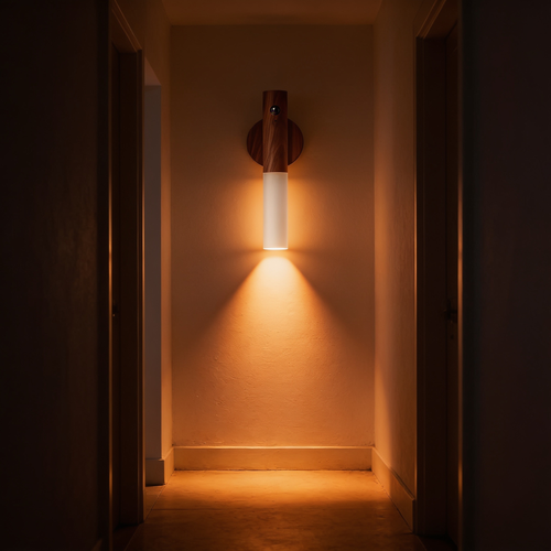 Aurevia Birch rechargeable wall night light in walnut and white, lighting a hallway at night