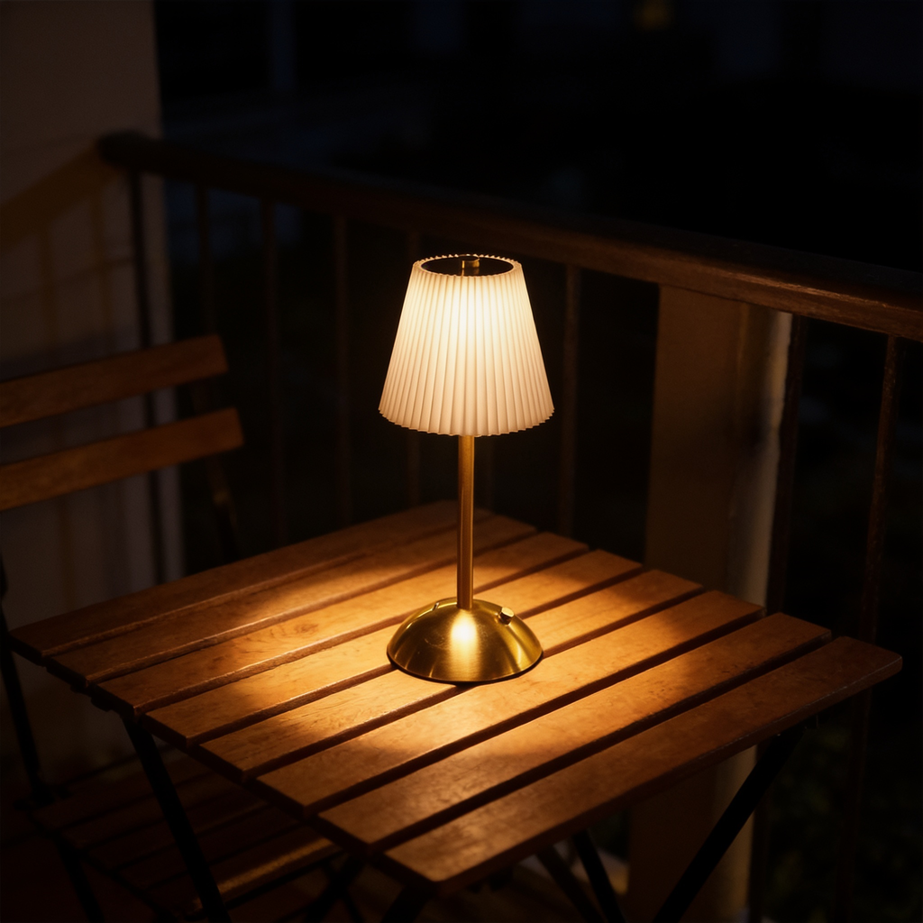 Aurevia Pleat cordless table lamp with pleated shade lighting a balcony bistro table at night