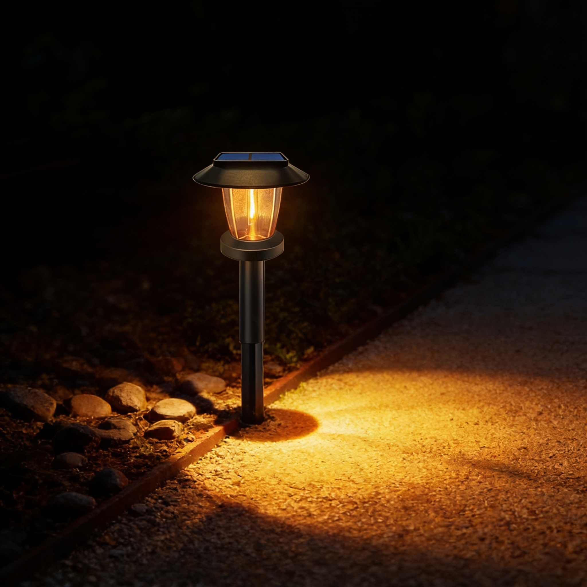 Black solar pathway light with a visible warm amber filament bulb, staked beside a gravel garden path and pooling light on the stones