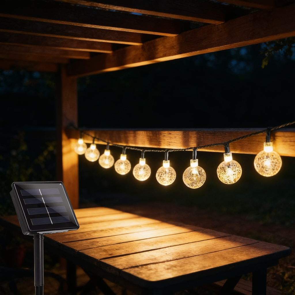 Solar crystal globe string lights strung along a garden pergola rail above a wooden table, warm white bulbs glowing at night