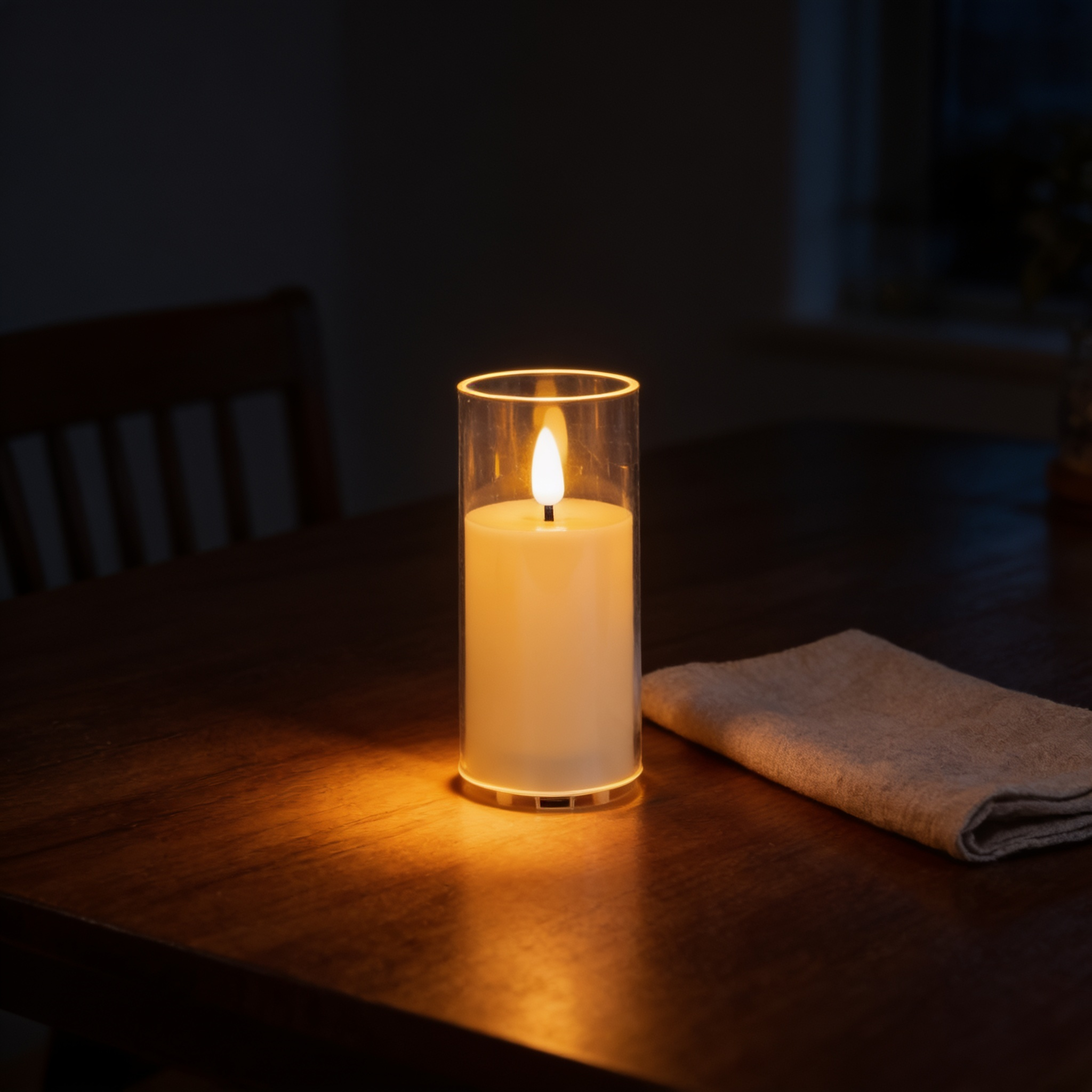 Rechargeable flameless LED pillar candle in a clear glass sleeve on a dark dining table, warm amber flame casting a soft pool of light