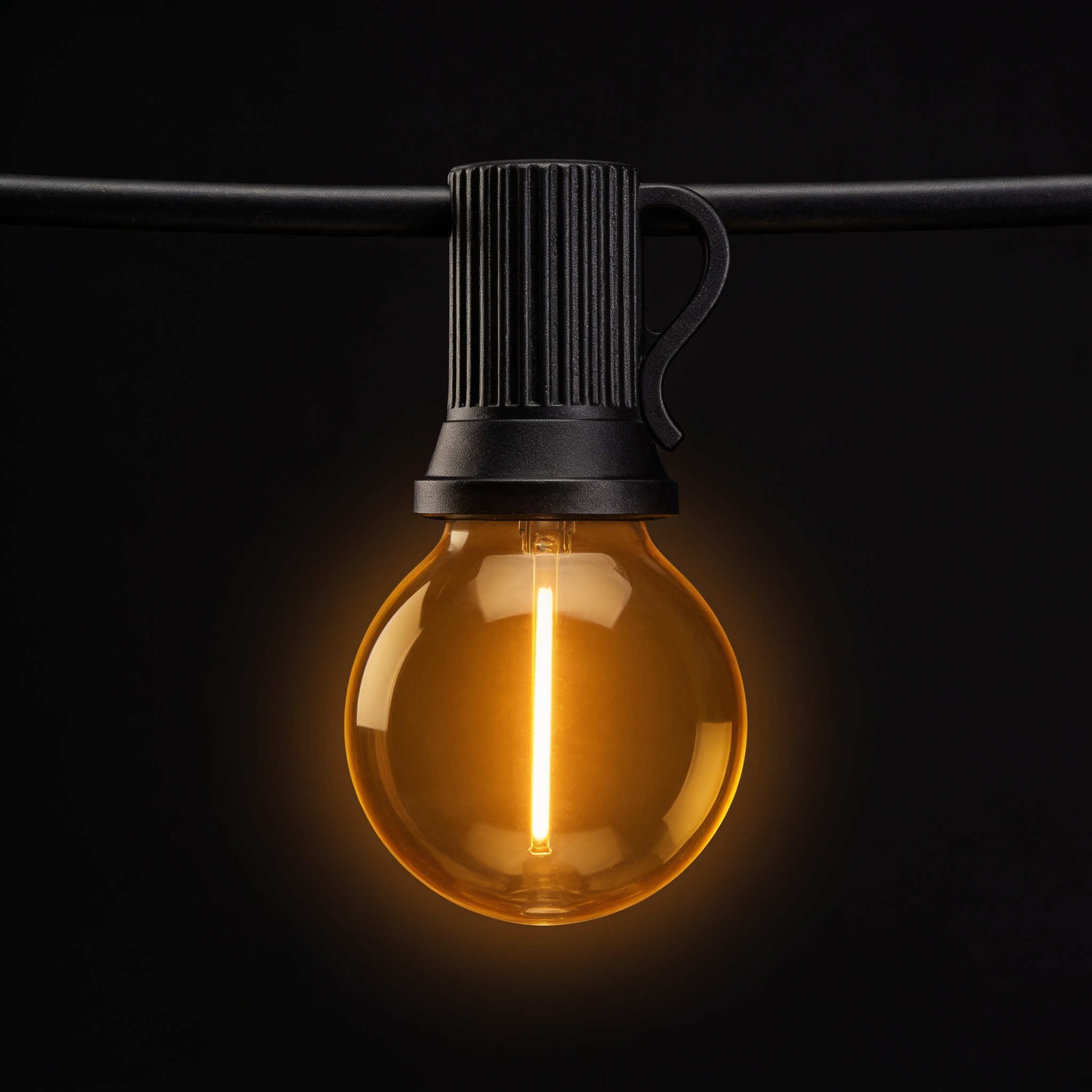 Single G40 globe bulb in its ribbed black in-line holder hanging from black rubber festoon cable on a black background