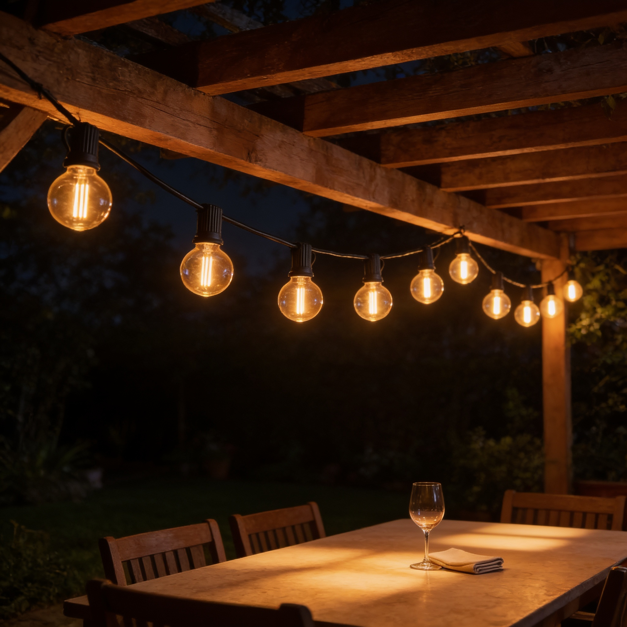 Festoon lights strung in swags beneath a garden pergola over a set dining table at night