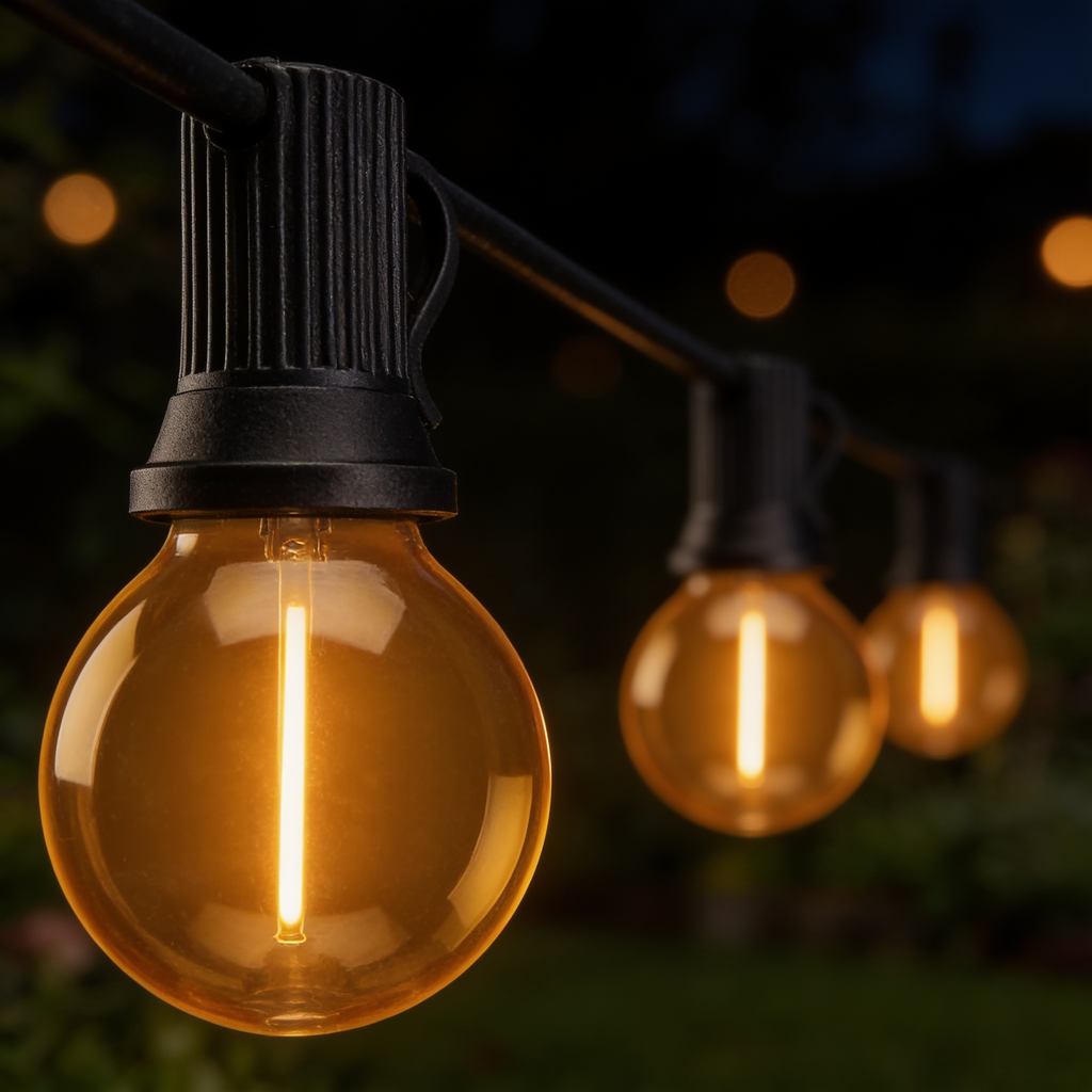G40 globe festoon bulbs on black in-line holders glowing warm amber at night, garden bokeh behind